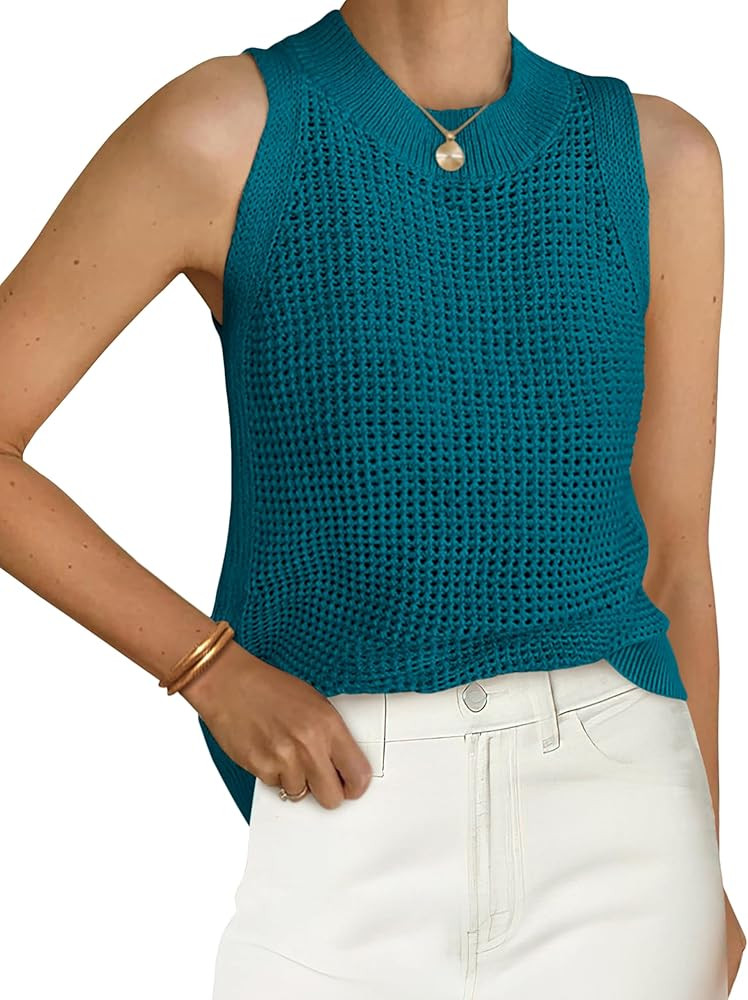 PRETTYGARDEN Summer Crochet Tank Tops for Women 2026 Casual Crewneck Hollow Out Loose Knit Sleeve... | Amazon (US)