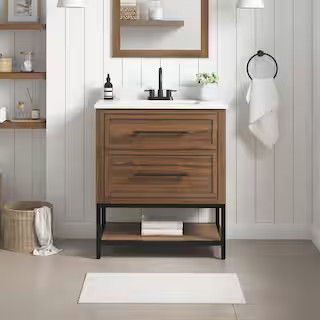 Corley 30 in. W x 19 in. D x 34 in. H Single Sink Bath Vanity in Spiced Walnut with White Enginee... | The Home Depot