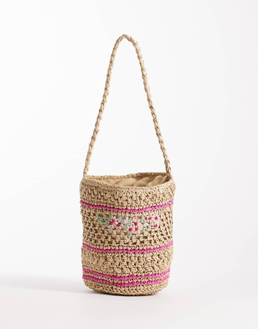 ASOS DESIGN hand-crocheted straw bucket bag with floral detailing in natural-Multi | ASOS (Global)