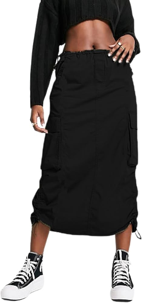 BLUEMING Women Y2k Cargo Long Skirt Low Waist Drawstring Maxi Skirt Ruched Vintage Slit Cargo Ski... | Amazon (US)