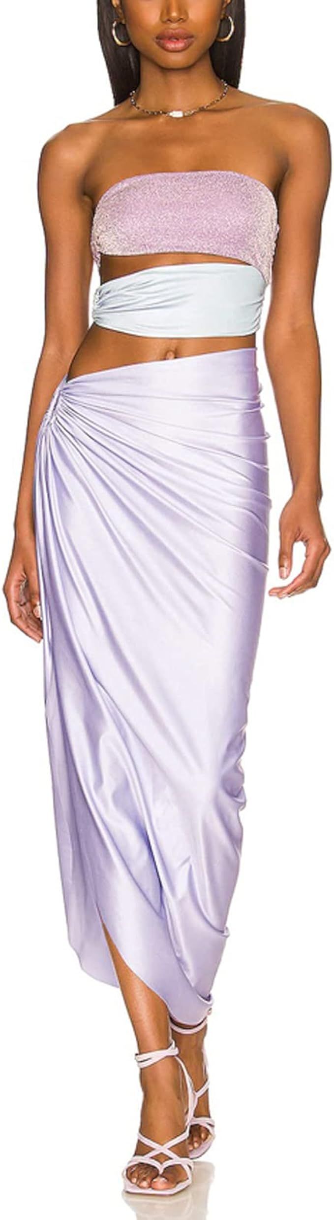 SOLILOQUY Women Satin Silk Maxi Dress Strapless Cut Out Back Cocktail Long Midi Dresses Wedding C... | Amazon (US)