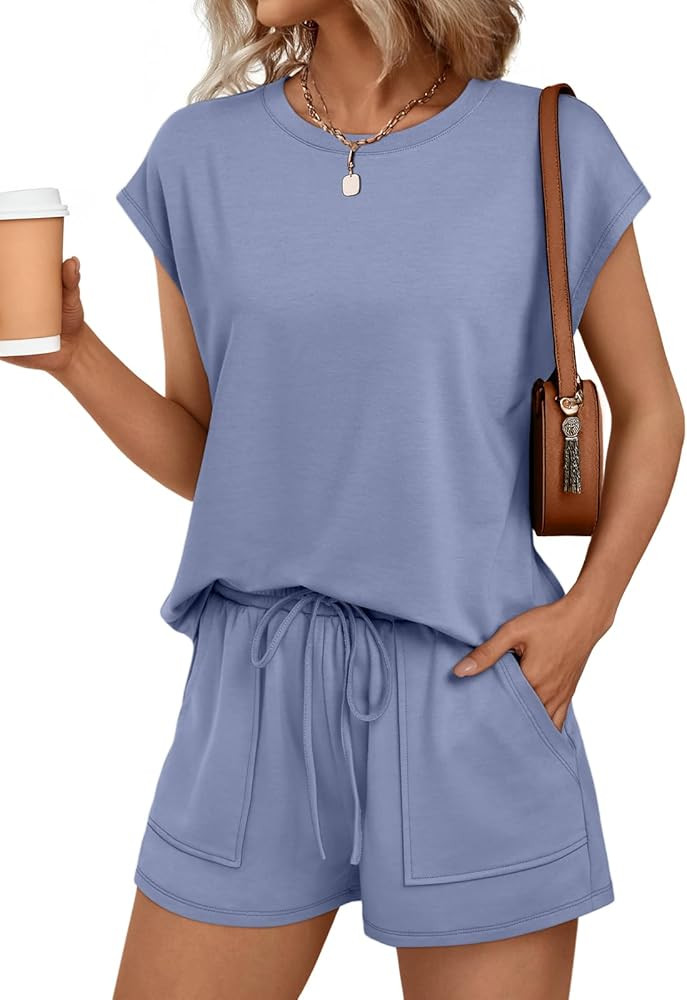 AUTOMET Womens Crew Neck Two Piece Short Sets Cap Sleeve Drawstring Summer Sweatsuit with Pocket | Amazon (US)