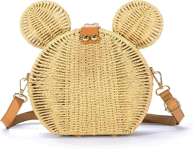 Round Rattan Straw Bag Purse for Women Handmade Cute Mouse Ear Wicker Woven Purse Crossbody Shoul... | Amazon (US)