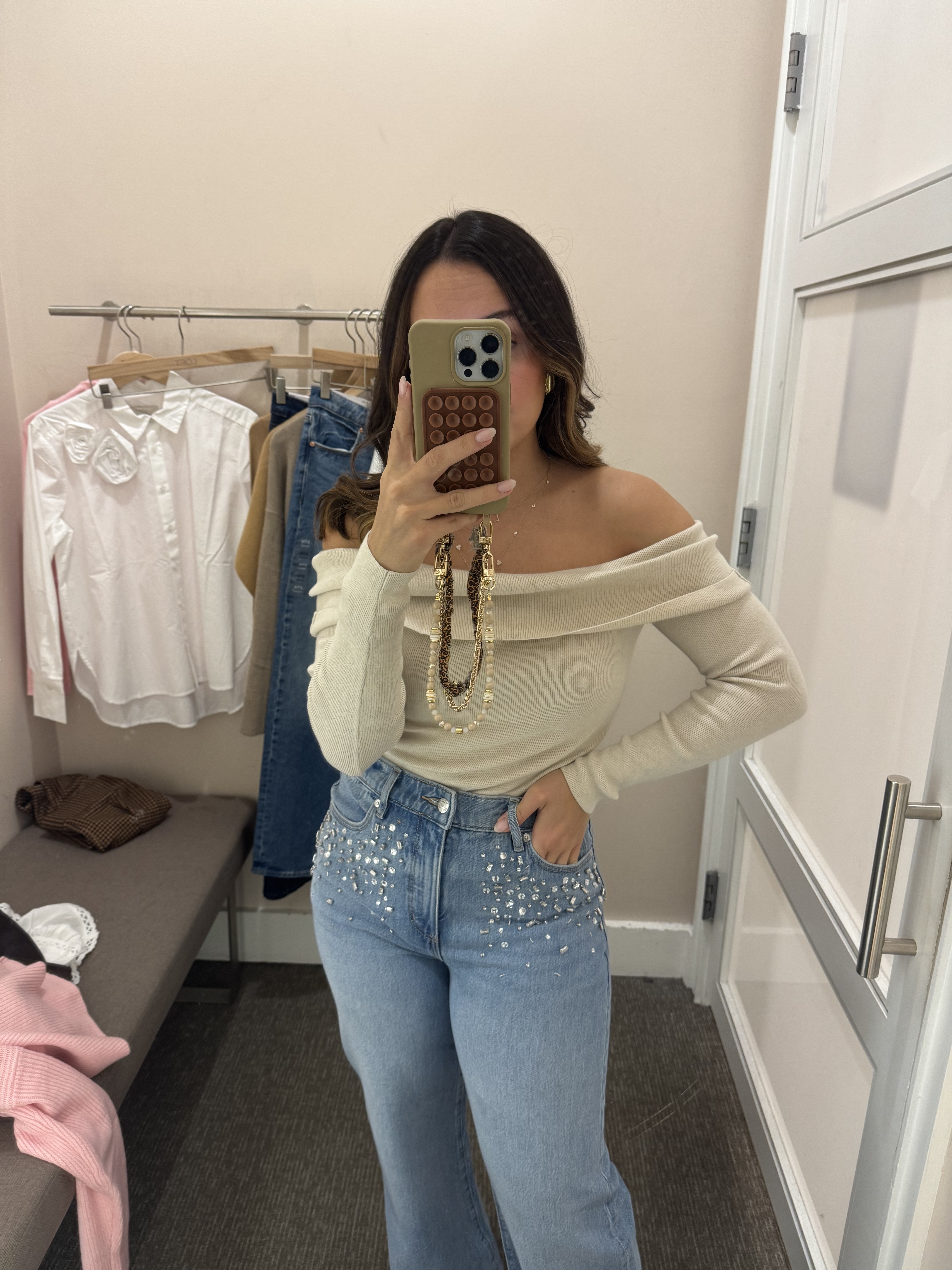 wearing a size small in this off-the-shoulder sweater and size 27 in jeans!  

 #LTKSaleAlert #LTKFindsUnder100