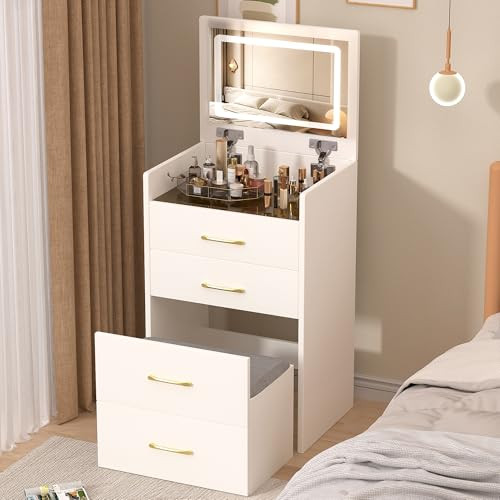 INTERHOMART 3 in 1 Small Vanity Desk with Flip-Top Lighted Mirror 19.7" Compact Makeup Vanity with Hidden Storage Stool & 3 Drawers Modern Vanity Table with Glass Top for Small Bedroom,White | Amazon (US)