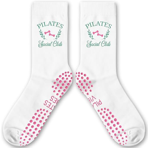 RZQIJ Cute Pilates Socks - Pilates Social Club Sign Best Community Workout Gifts for Women and Girls - White Crew Grip Socks for Studio Friends and Pilate Fans(057) | Amazon (US)