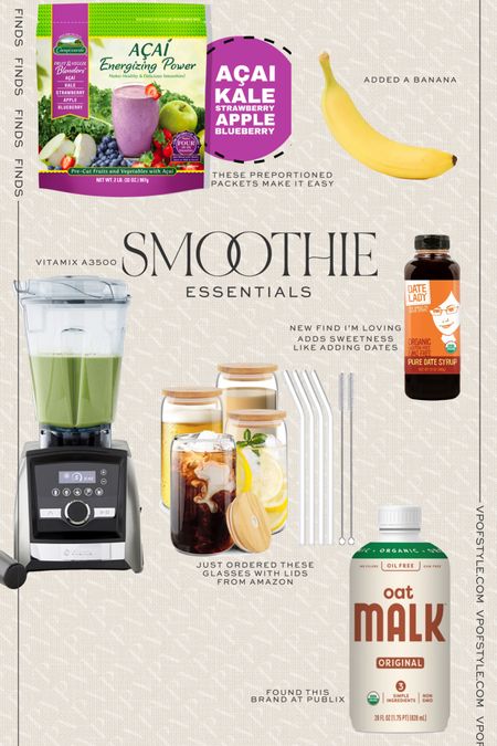 Smoothie essentials from my last reel 
Vitamix Blender, glasses with lids and straws. Oat milk, smoothie proportioned packets, date syrup

#LTKGiftGuide #LTKhome #LTKFind