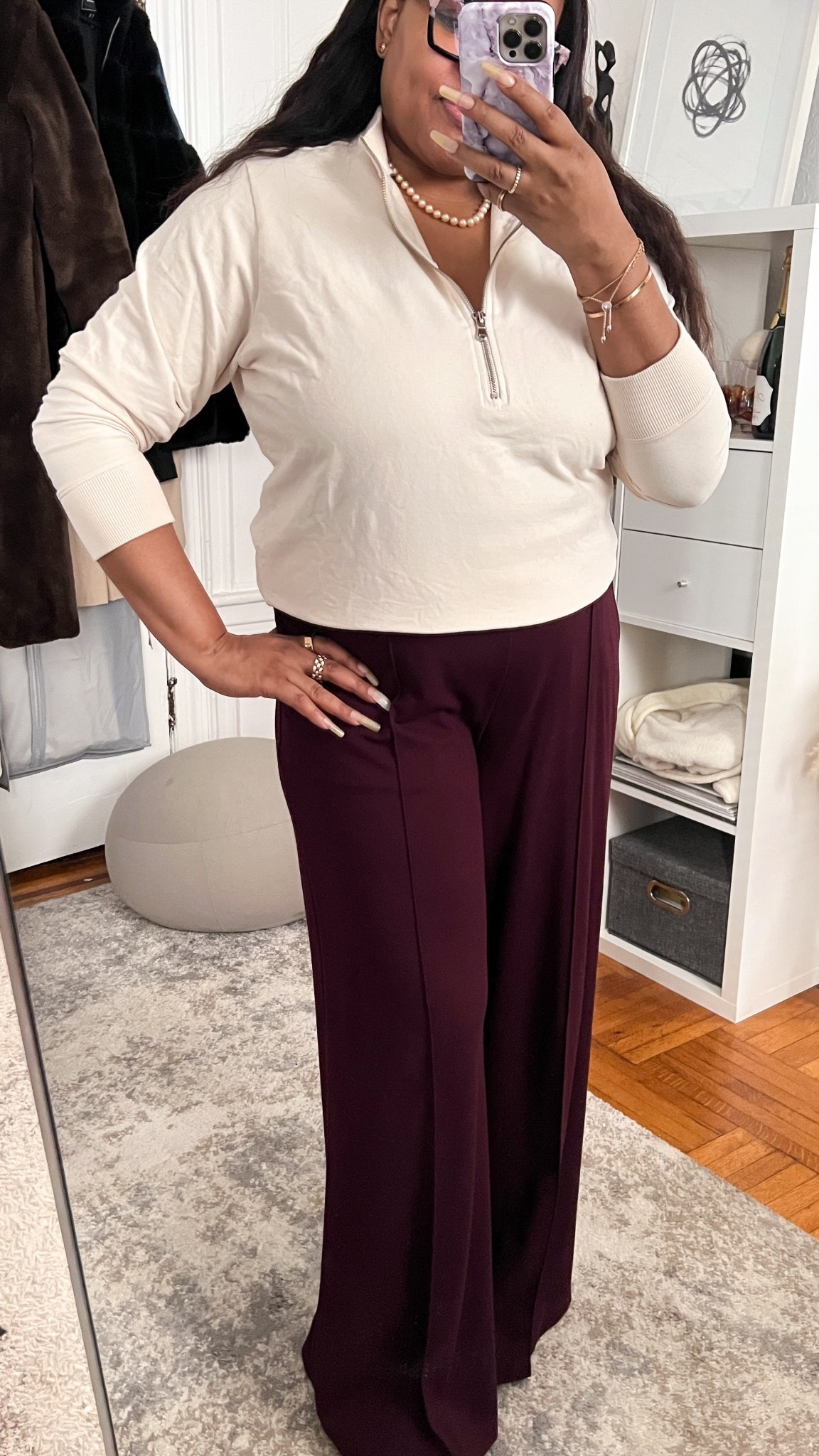 WFH OOTD - Cranberry and Cream. Because sometimes you just have to get out of your pajamas! On days when my ADHD is on 100, I have to get out of lounge wear and into work clothes if I want to have a chance at getting things done. 

Pants by Universal Standard are perfect for working from home, wearing size Small (16). Top is also Universal Standard but may be sold out. Alternatives linked. 

#ltkover40 #ltkseasonal #ltkplussize #ltkmomlife 

Work wear, work from home, comfortable pants, half zip, quarter  zip, gold jewelry, winter outfits, winter capsule wardrobe, loafers 

#LTKootd #LTKMidsize #LTKWorkwear