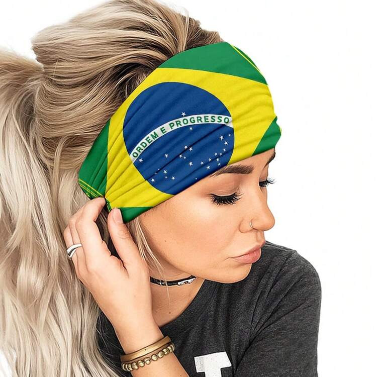 1pc Brazilian Flag Headband Elastic Wide Headband-Yoga & Casual Headband For Women, Breathable Stretchy Fabric With Adjustable Straps, For Gym, Workouts, Daily Use, Gym Hair Accessory, Minimalist Headband, Durable Headband | SHEIN