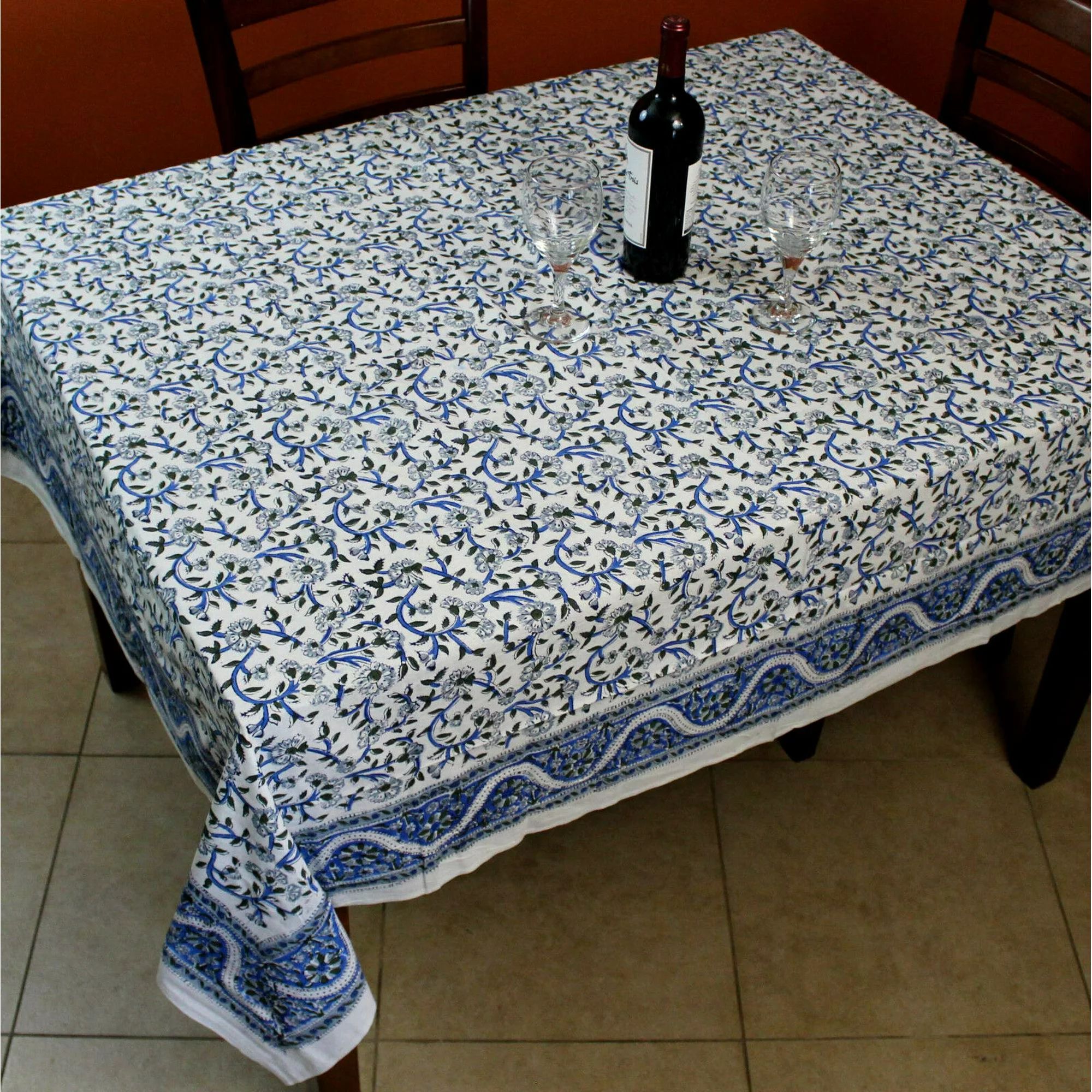 Hand Block Printed Cotton Floral Tablecloth Square 72 inches Blue Green | Walmart (US)