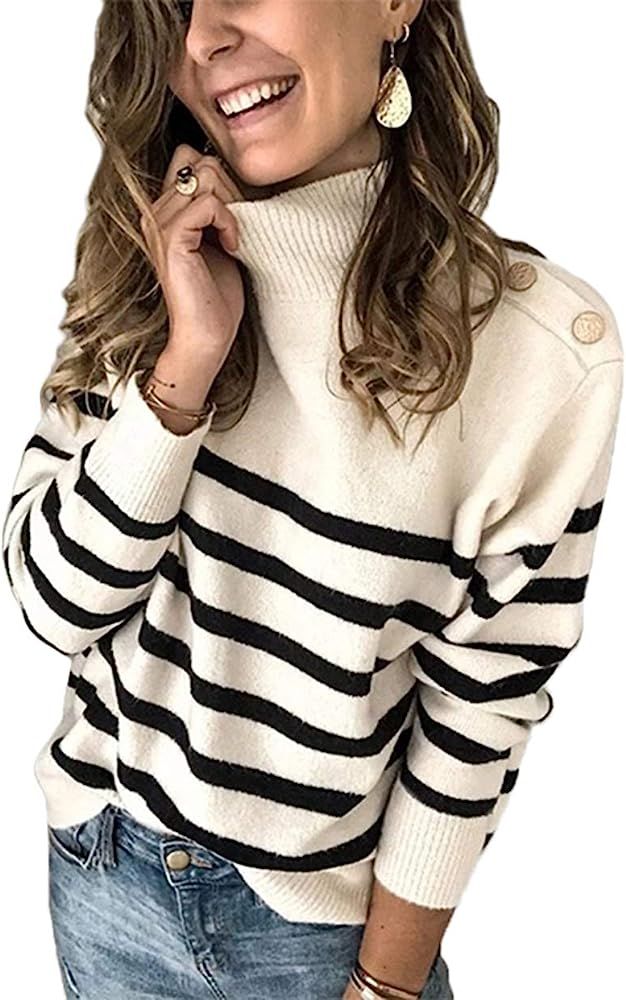 Amazon.com: KIRUNDO 2020 Winter Women’s Long Sleeves Knit Sweater Turtleneck Striped Print Loos... | Amazon (US)