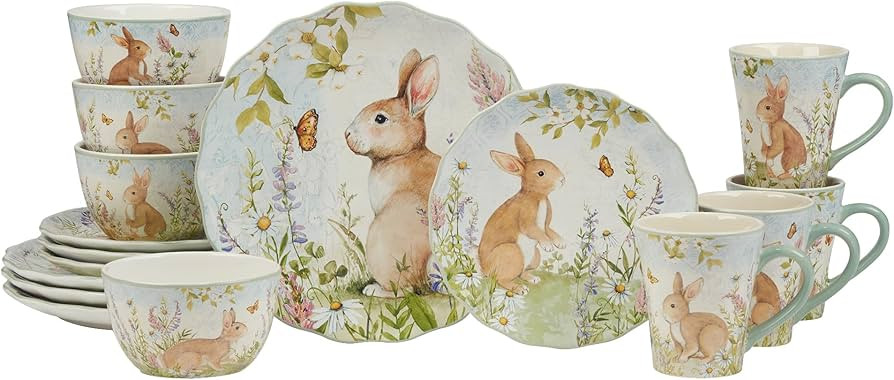 Easter Meadow 16-Piece Ceramic Dinnerware Set,Service for 4 – Bunny & Floral Design, Perfect fo... | Amazon (US)