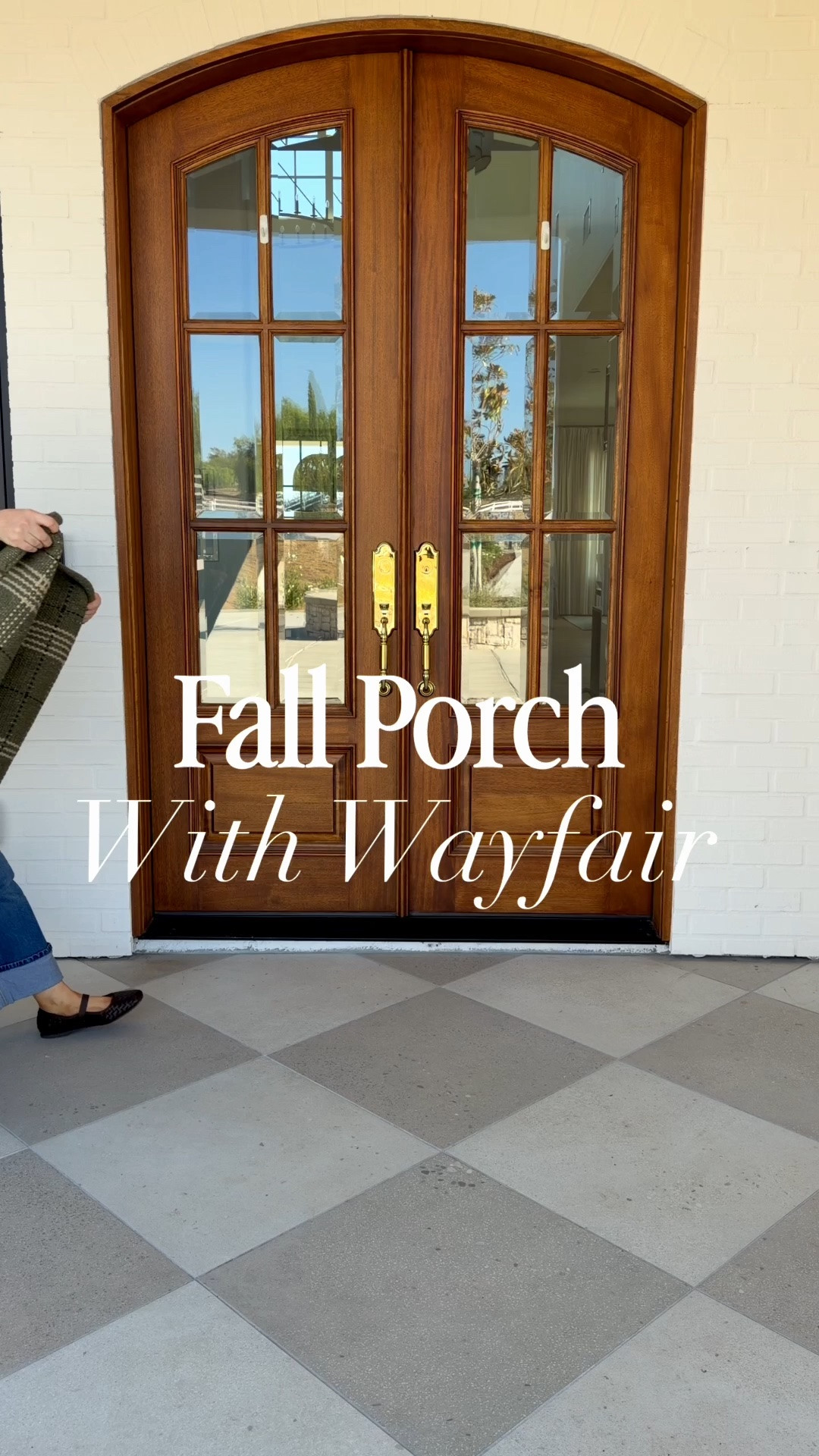 #Ad I partnered with @Wayfair to do a fall porch! I added a cute plaid rug, trees and wreaths! The colors are just perfect! #Wayfair #WayfairPartner @shop.ltk #liketkit
