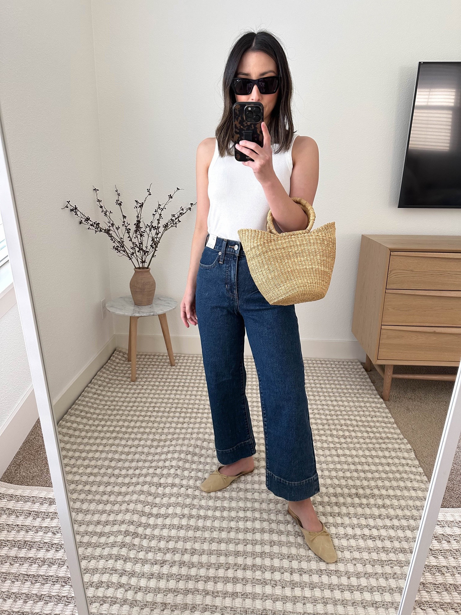 Summer outfit ideas J.Crew slim wide jeans. These are amazing. Fit so great on petites! On sale! 

Dear Keaton tote
J.Crew Jeans 24 petite
Doen mules 35
Free assembly tank small
Celine sunglasses  

Summer outfit, vacation outfit, petite style, jeans

#LTKsalealert #LTKstyletip #LTKshoecrush
