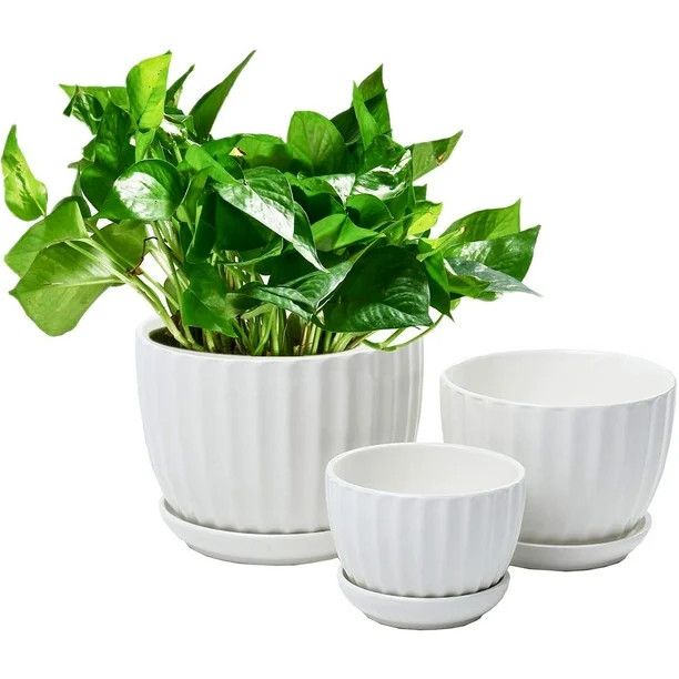 Ceramic Flower pots, White Garden Pots Succulent Cactus Planters with Drainage Saucers, Indoor & ... | Walmart (US)