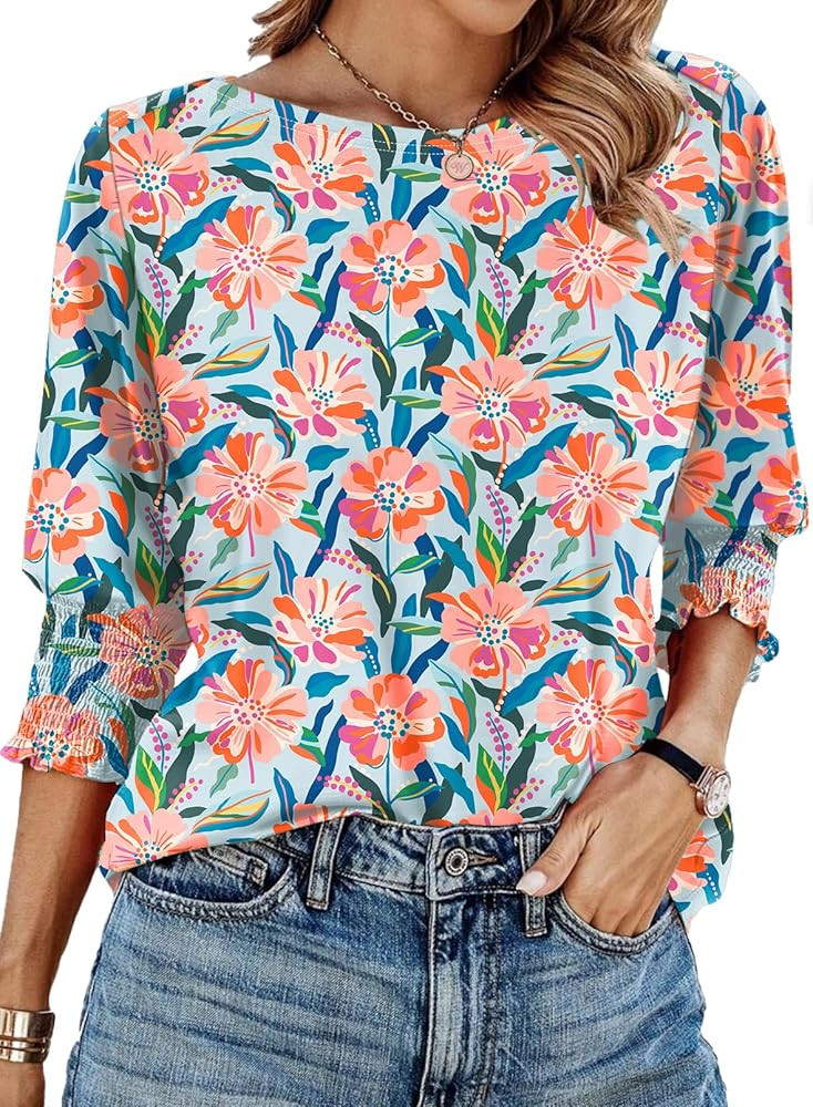 IECCP 3/4 Length Sleeve Womens Tops Summer 2025 Fashion Trendy Boat Crew Neck Smocked Work Dressy... | Amazon (US)
