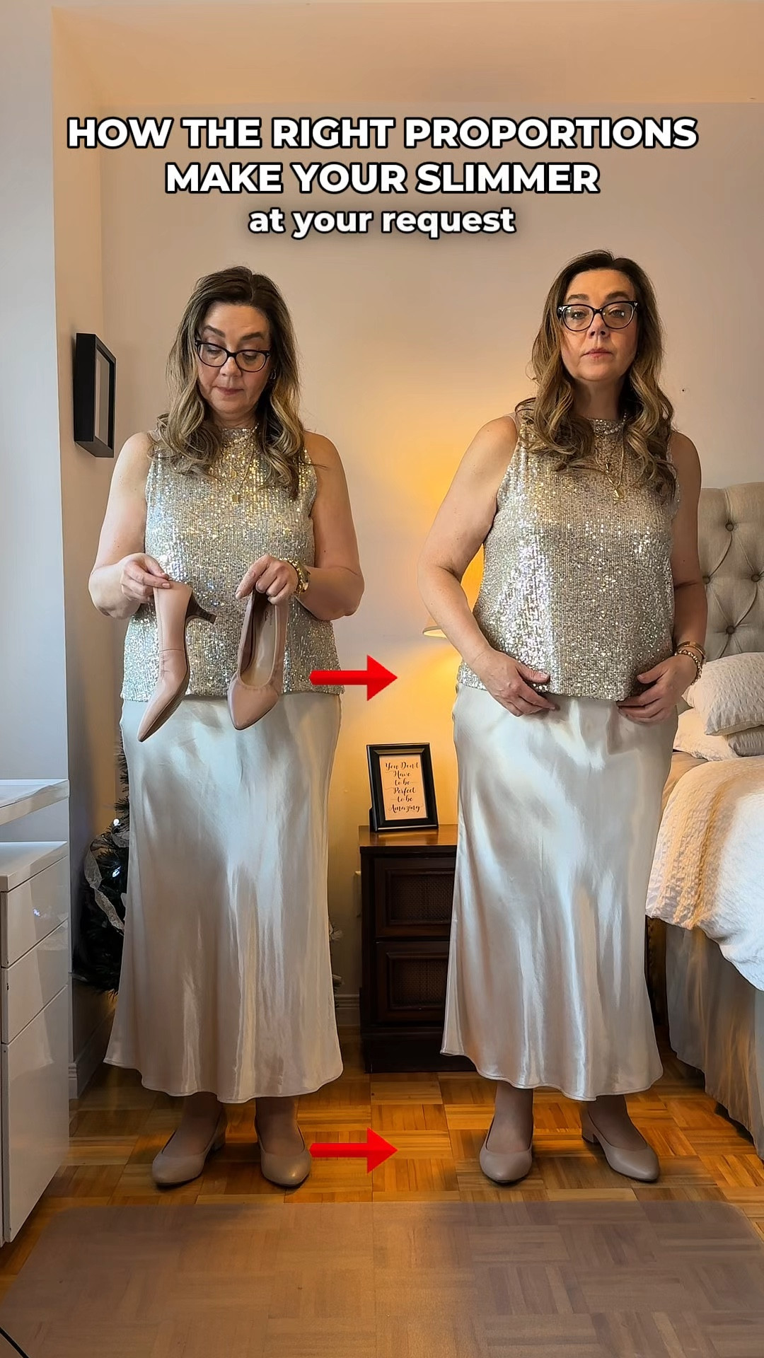 Simple tweaks to look slimmer!
Right side:
	•	Untucked top: Draws attention to the widest part of the hips, making me look broader. 
	•	Flat heels: flattens the look even though I love flats! 

Left side:
	•	Tucked top: Highlights the waist and emphasizes the waistline.
	•	Tiny heels: Add just enough lift to elongate the legs.

Comment below did you like these tips? ⬇️



#StyleTips #ProportionsMatter #EffortlessChic

#LTKstyletip #LTKmidsize #LTKover50style