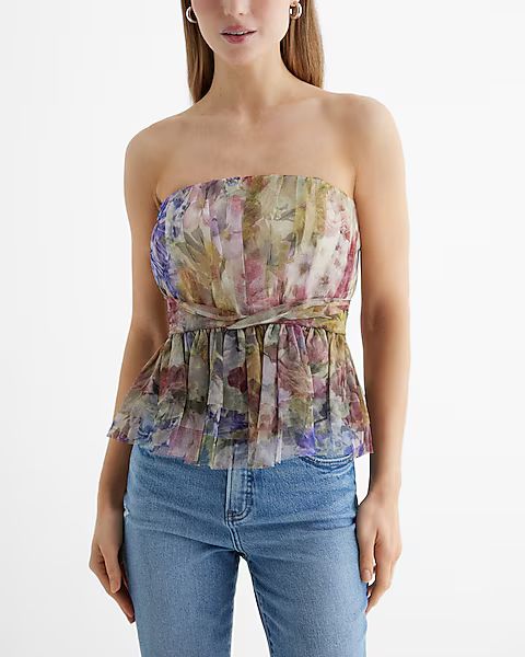 Floral Strapless Tulle Tiered Peplum Tube Top | Express