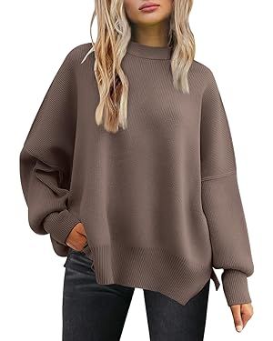 LILLUSORY Women's Crewneck Batwing Long Sleeve Sweaters 2024 Fall Oversized Ribbed Knit Side Slit... | Amazon (US)