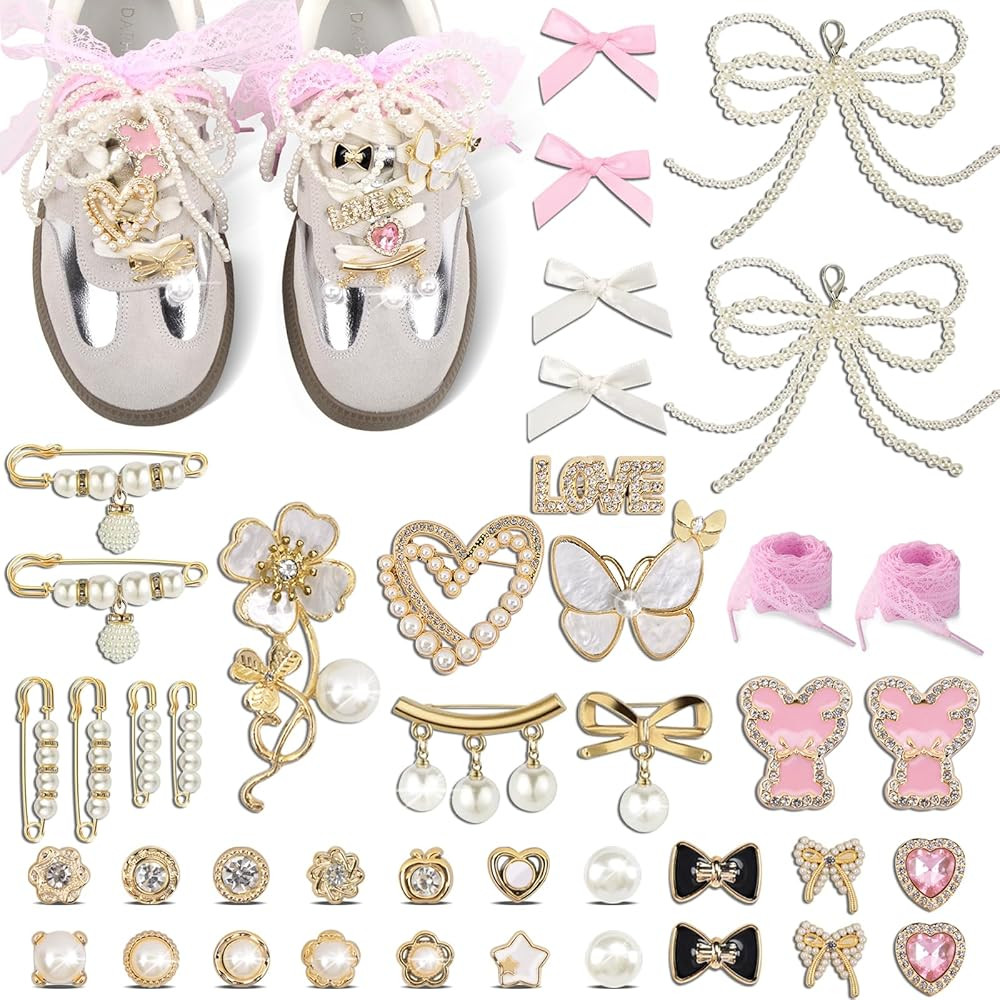 yuboo 43pcs Shoe Charms for Sneaker- Pink Lace shoelaces, Pearls & Black Bow Shoelace Charms for ... | Amazon (US)