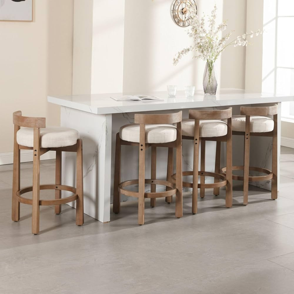 LukeAlon Mid Century Linen Counter Stools Set of 4, Upholstered 26.5” Seat Height Low Barstools... | Amazon (US)