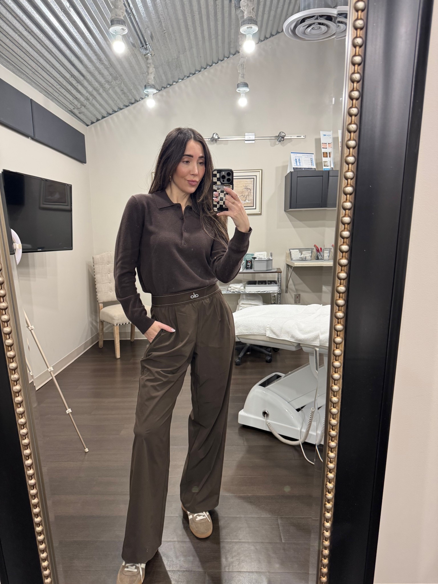 Brown cashmere. Cashmere. Polo. Brown pants. Brown sweater. Brown sneakers. Alo. Work. 

#LTKootd #LTKActive #LTKWorkwear