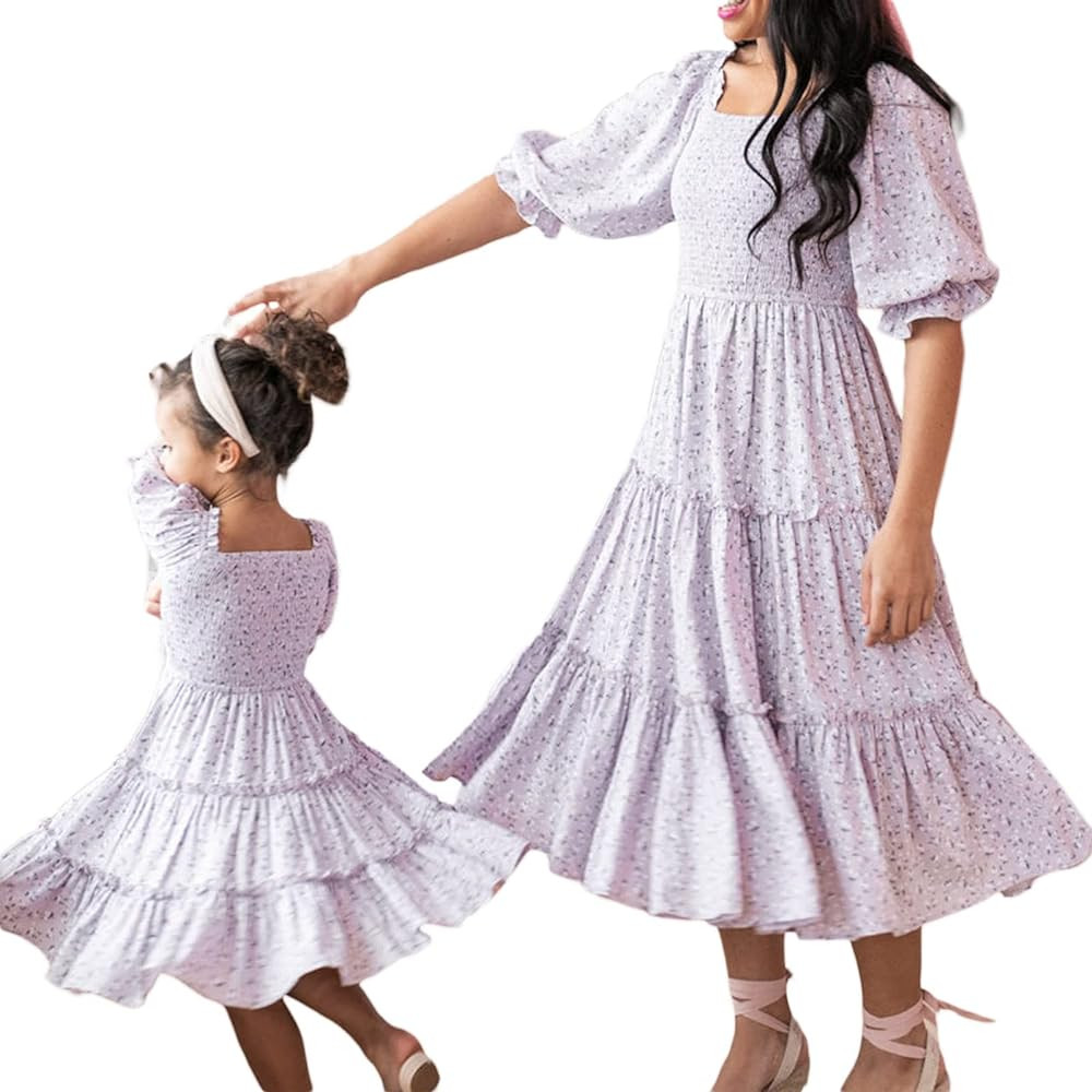 Mommy and Me Dresses Boho Floral Family Matching Outfits Summer Ruffle Maxi Dress Puff Short Slee... | Amazon (US)