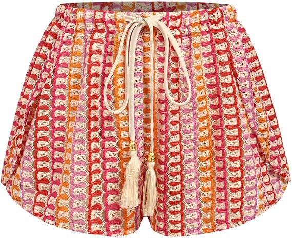 ZAFUL Crochet Cover Up Shorts for Women Beach Swimwear 2026 Boho High Waisted Drawstring Flowy Sw... | Amazon (US)