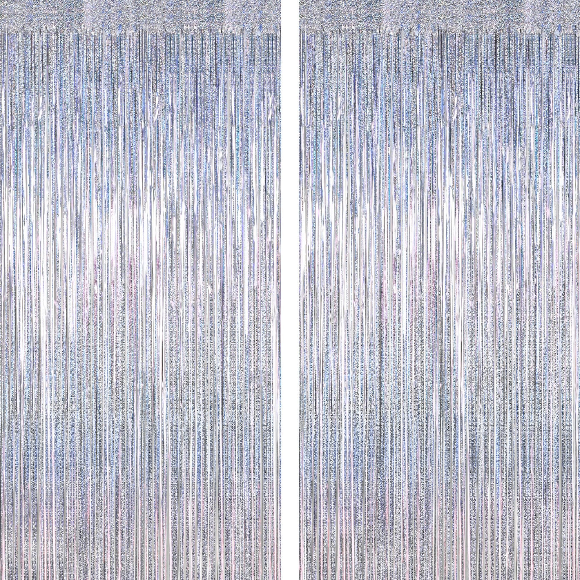 2 Pack Silver Metallic Tinsel Foil Curtains, 3.28 FT x 7.05 FT Glitter Silver Fringe Curtains, Ne... | Amazon (US)