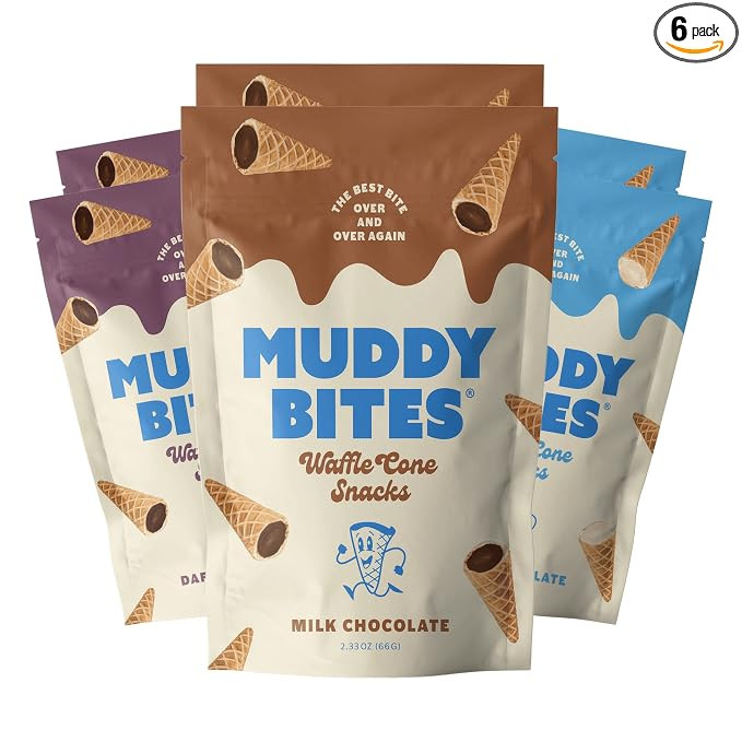 Muddy Bites Waffle Cone Snacks Bite Sized Chocolate Filled Waffle Cones for Snack or Dessert, Ice... | Amazon (US)