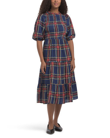 Plaid Tiered Midi Dress For Women, Polyester | TJ Maxx