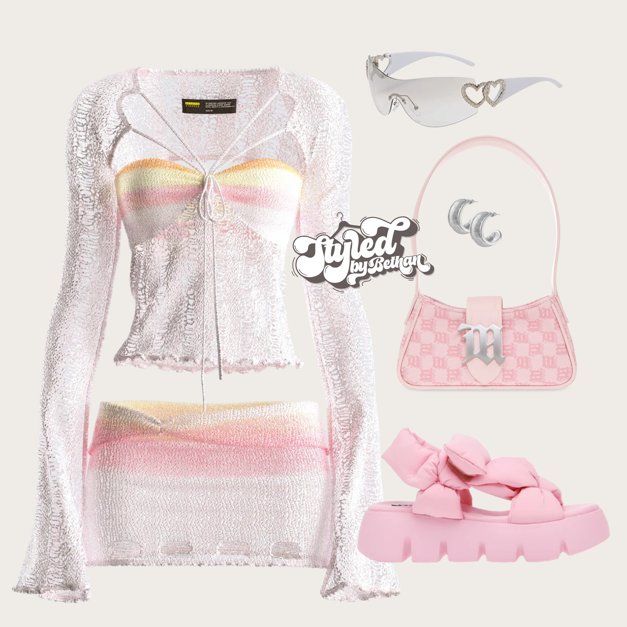 🌸🌸🌸 tags: finesse crochet white pink and orange mini skirt and top co-ord, Steve Madden pink pillow sandals, misbv pink shoulder bag, shein sunglasses, Zara silver hoop statement earrings. Summer vacation, Ibiza outfit inspiration inspo. 

#LTKstyletip #LTKsummer #LTKeurope