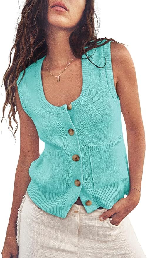 Yousify Womens Sweater Vest Summer Ribbed Tank Tops Sleeveless Button Down Shirts Scoop Neck Top ... | Amazon (US)