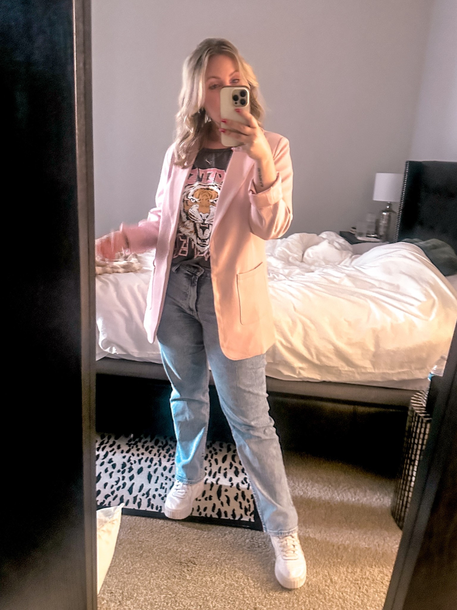 Graphic tee and blazer outfit - one of my go-to outfits for work meetings! Paired a dusty pink blazer with a go get em tiger gray graphic t-shirt, and platform
Puma shoes. 

#LTKMidsize #LTKWorkwear #LTKPetite