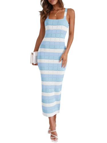 Saodimallsu Womens Striped Bodycon Midi Dress Sleeveless Square Neck Color Block Knit Summer Tank... | Amazon (US)