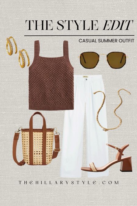 The Style Edit: Casual Summer Outfit. Neutral outfit for summer great for travel, vacation, brunch, shopping, etc. Sweater tank, denim trousers, white jeans, raffia sandals, heel sandals, straw tote bag, straw bag, tortoise sunglasses, gold necklace, gold huggie hoops. J Crew, Madewell, Nordstrom, Target, Anthropologie, Uncommon James.

#LTKSeasonal #LTKTravel #LTKStyleTip