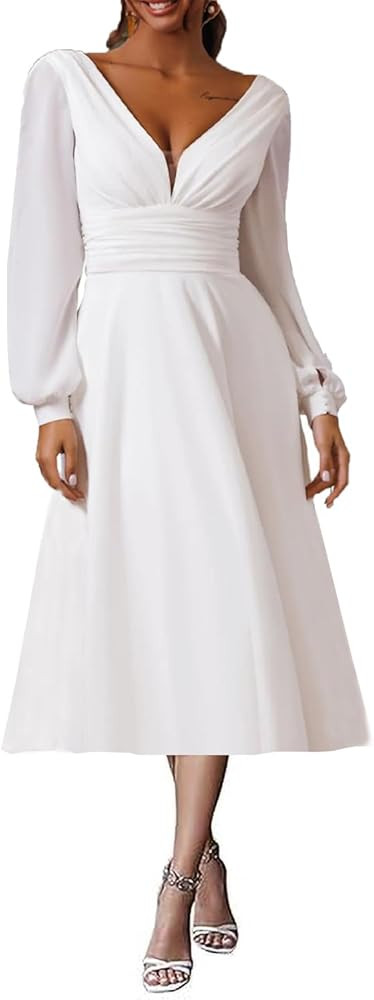 Lace Tea Length Wedding Dresses for Bride A-Line Long Sleeve Bridal Gown Appliques Formal Evening... | Amazon (US)