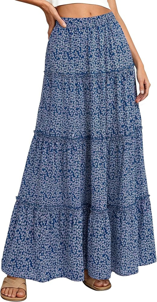 BTFBM Floral Maxi Skirts for Women Summer Spring 2026 Elastic Waist Tiered Flowy Beach Vacation B... | Amazon (US)