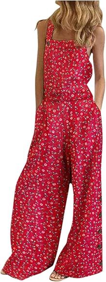 Women's Backless Linen Jumpsuits Sexy Wide Leg Palazzo Pants Floral Suspender Rompers Comfy Butto... | Amazon (CA)