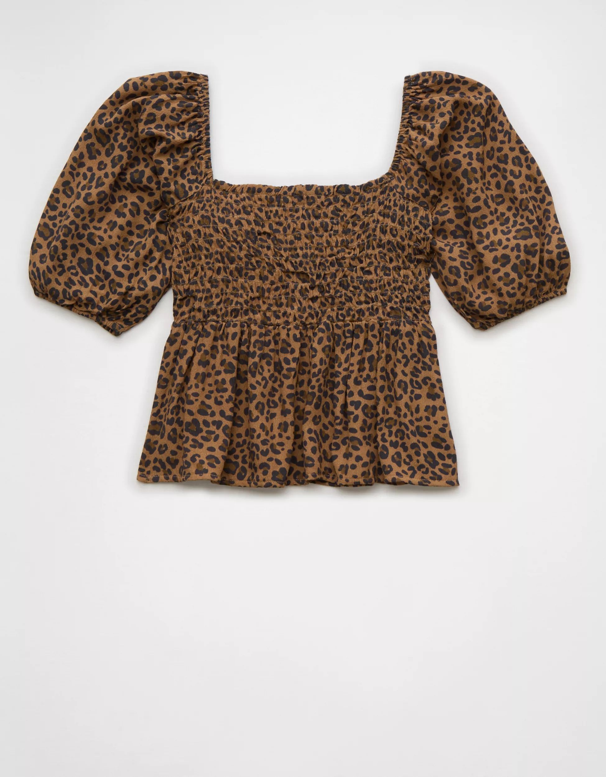 AE Leopard Smocked Puff Sleeve Babydoll Top | American Eagle Outfitters (US & CA)