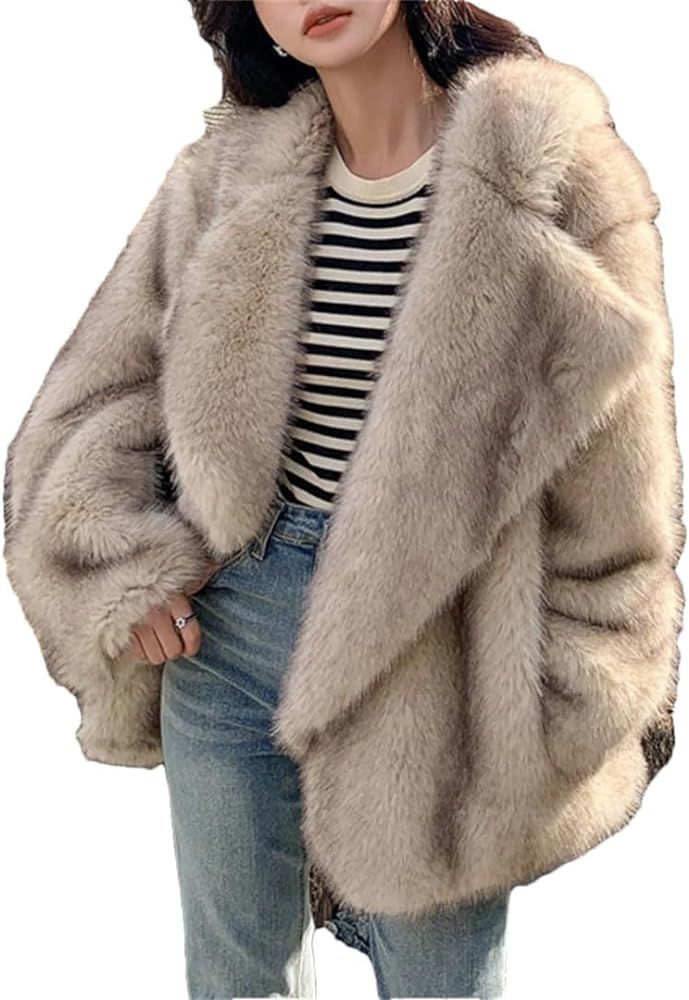 Women Faux Fur Coat Jacket Winter Loose Oversized Long Overcoat | Amazon (US)