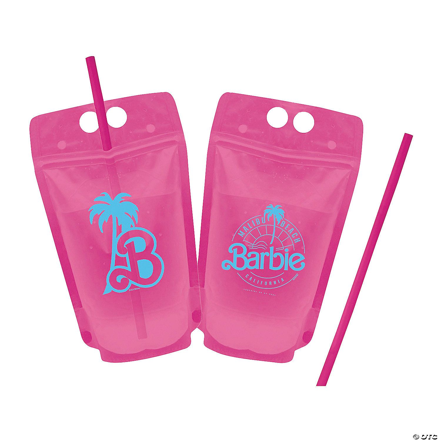 Barbie™ Malibu Beach Pink Reusable Collapsible Plastic Drink Pouches with Straws - 8 Pc. | Oriental Trading Company