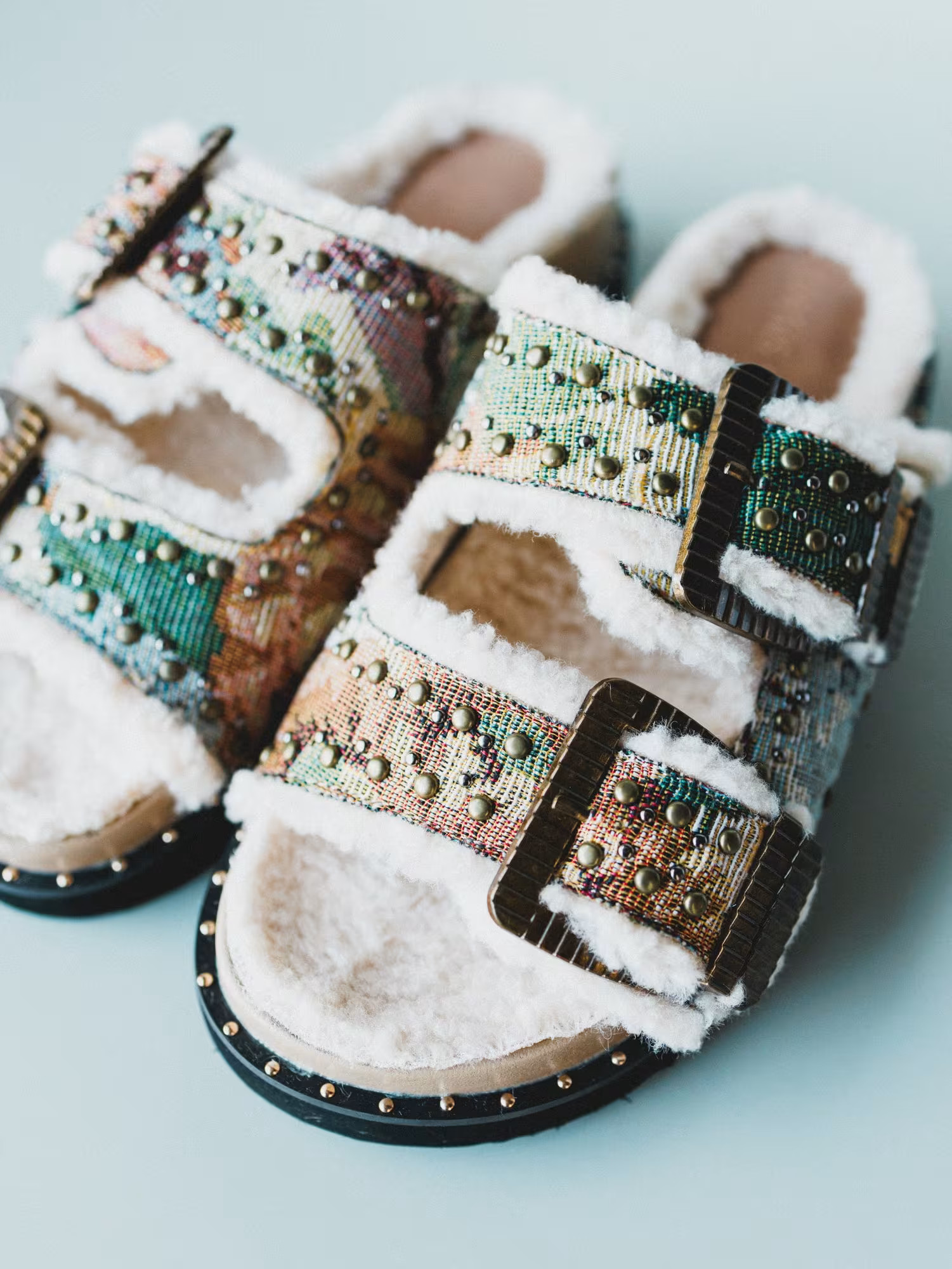 Gaylen Studded Buckle Fleece-lined Slides — Three Bird Nest | Three Bird Nest
