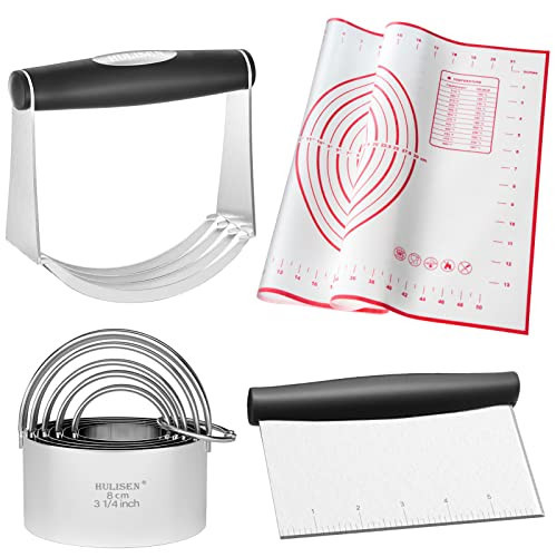 HULISEN Stainless Steel Biscuit Cutter Set, Silicone Mat, Pastry Scraper and Dough Blender, Sturdy & Long-Lasting with Ergonomic Rubber Grip, Professional Baking Dough Tools, Gift Package (4 Pcs/Set) | Amazon (US)