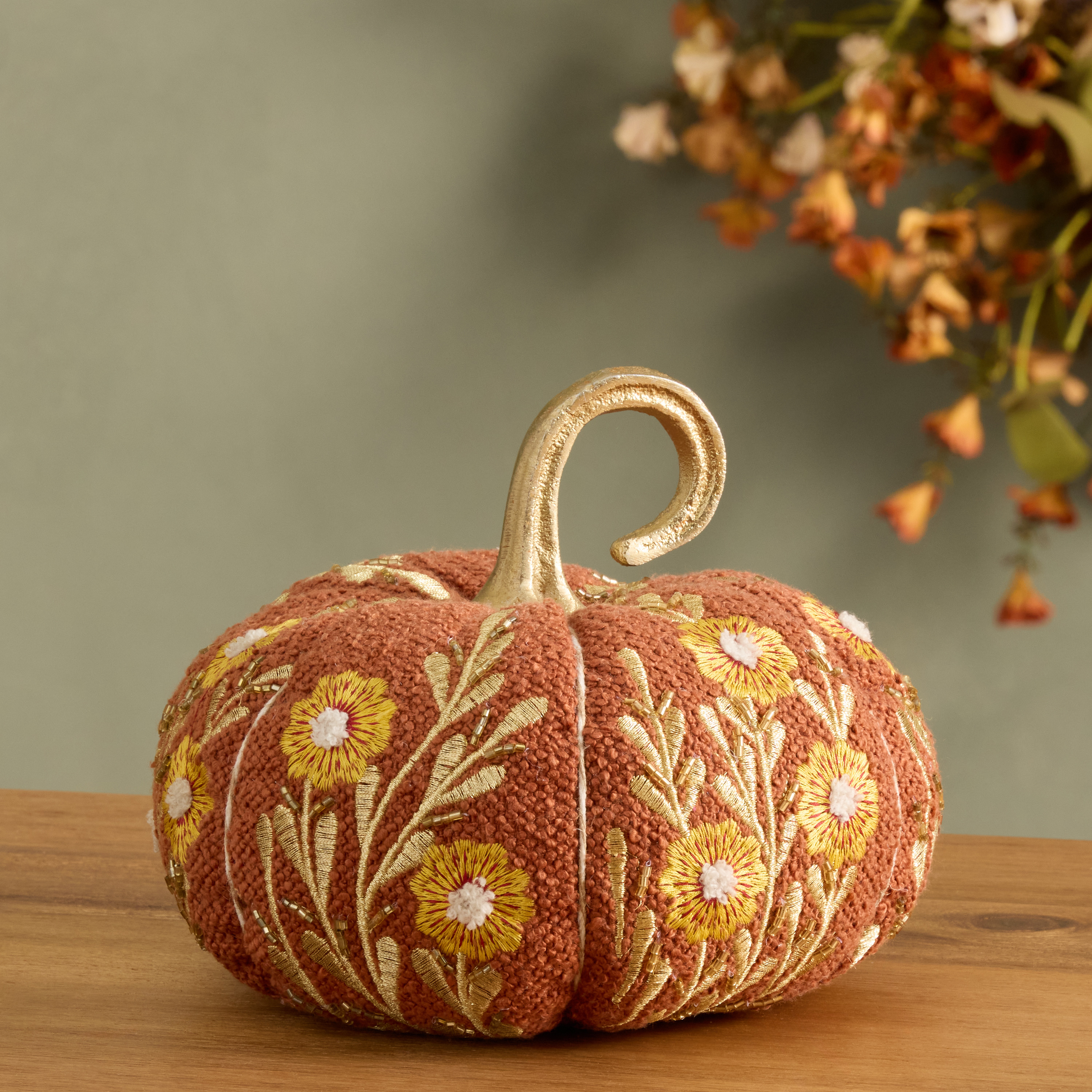 Large Boucle Floral Embroidered Pumpkin Decor | World Market