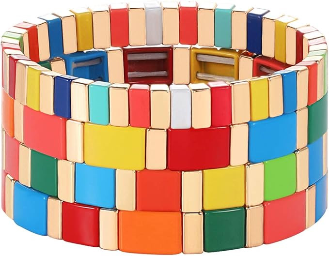 PHALIN Rainbow Enamel Tile Bracelets Set Colorful Tile Bead Stretch Bracelet Bangles Elastic Stac... | Amazon (US)