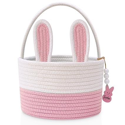 Easter Baskets for Kids, Pink Large Woven Rope Bunny Personalized Easter Basket Empty with Handle... | Amazon (US)