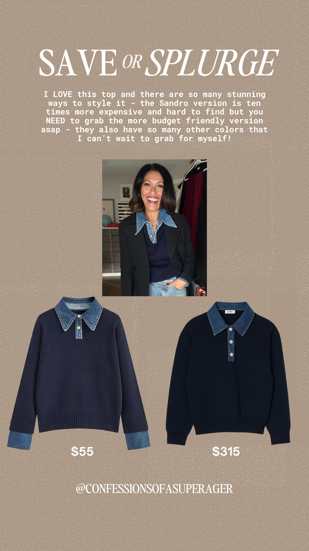 Save or splurge? I’m obsessed with this chic denim-collar sweater trend, but the Amazon version is the real winner here. Same elevated look, incredible quality, and under $60—while the designer option is over $300 and harder to find. This is the kind of versatile knit that works for everyday outfits, casual work looks, travel days, and effortless layering. I’m styling mine with jeans now and trousers later—and it comes in multiple colors I’m already eyeing.

Shop both options on LTK and decide which one makes sense for your wardrobe (spoiler: the save is SO good).

#liketkit #saveorsplurge #amazonfashion #amazonfinds #budgetstyle #designerinspired #everydayfashion #classicstyle #over40style #wardrobebasics #capsulewardrobe #fallwinterstyle #confessionsofasuperager 

 

#LTKOver40 #LTKSaleAlert #LTKFindsUnder100