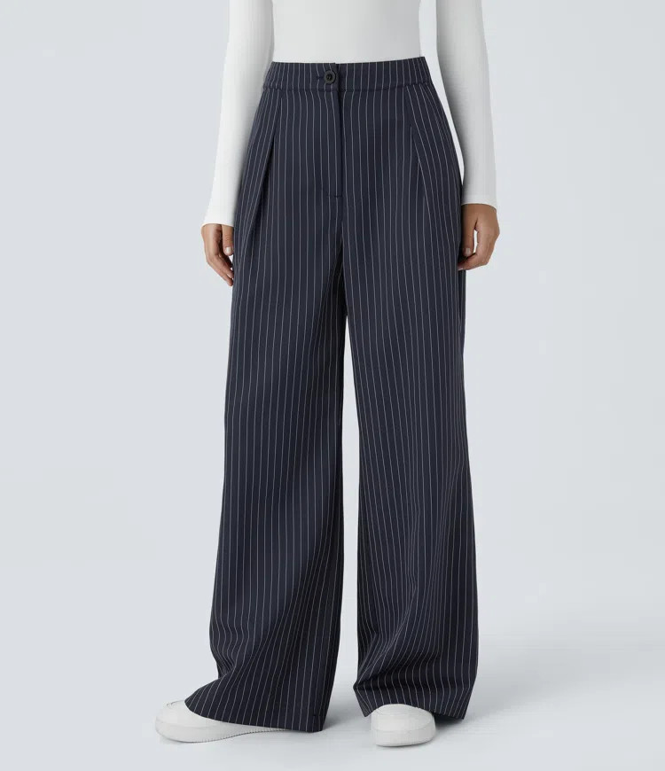 High Waisted Zipper Pocket Wide Leg Striped Work Pants | HALARA