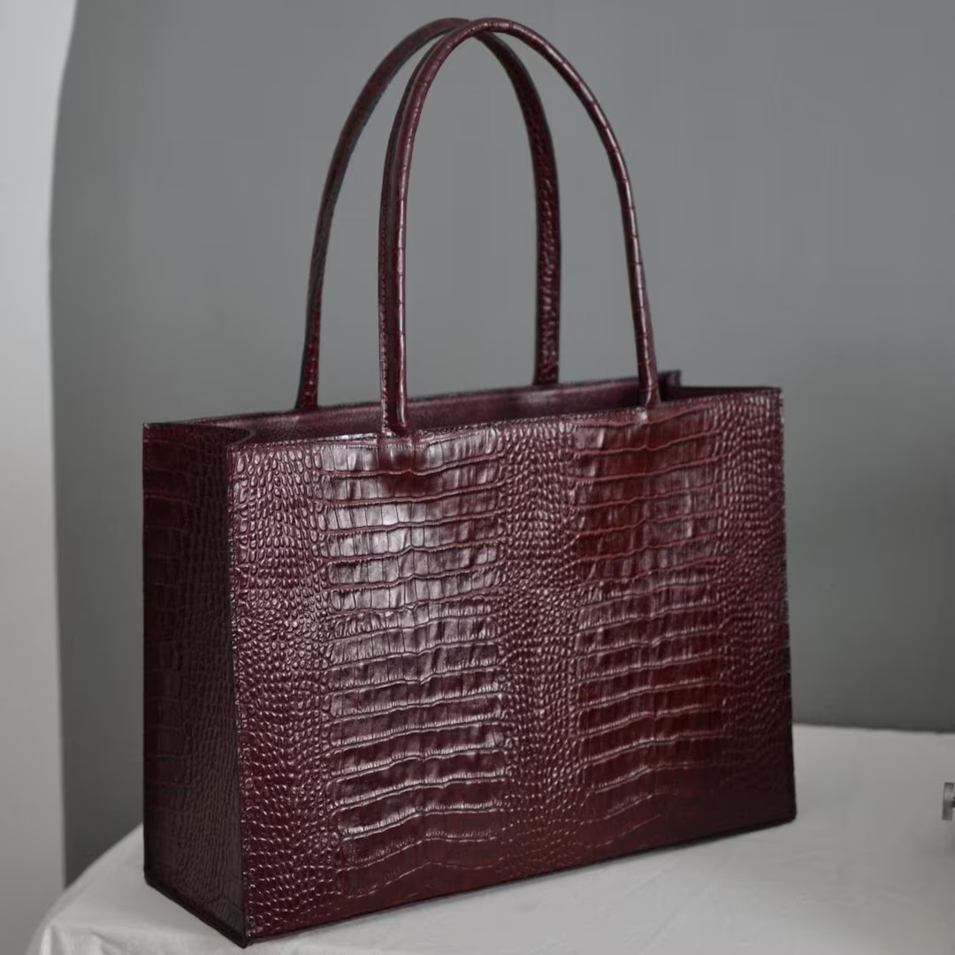 Burgundy Crocodile Embossed Leather Tote Bag, Large Everyday Work Bag | Etsy (US)
